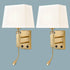 Set of 2 Modern Brass Gold with White Fabric Wall Sconces with USB Charging Port|Twin on/off Switch|LED Reading Light for bedroom